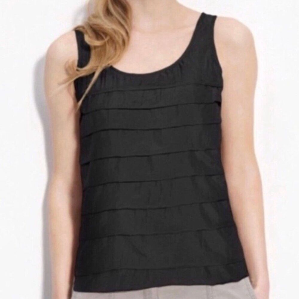 Eileen Fisher black 100% Silk Tiered Ruffle sleeveless Top